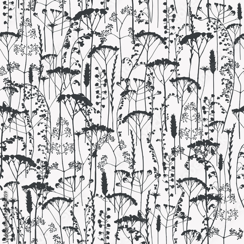 Vector silhouettes collection. Set of field flowers, herbs. Element of seamless pattern. Paper design. Print element. Monochrome.