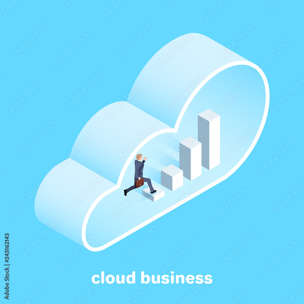 isometric image on a blue background, a man in a business suit running along a growing chart inside a large cloud