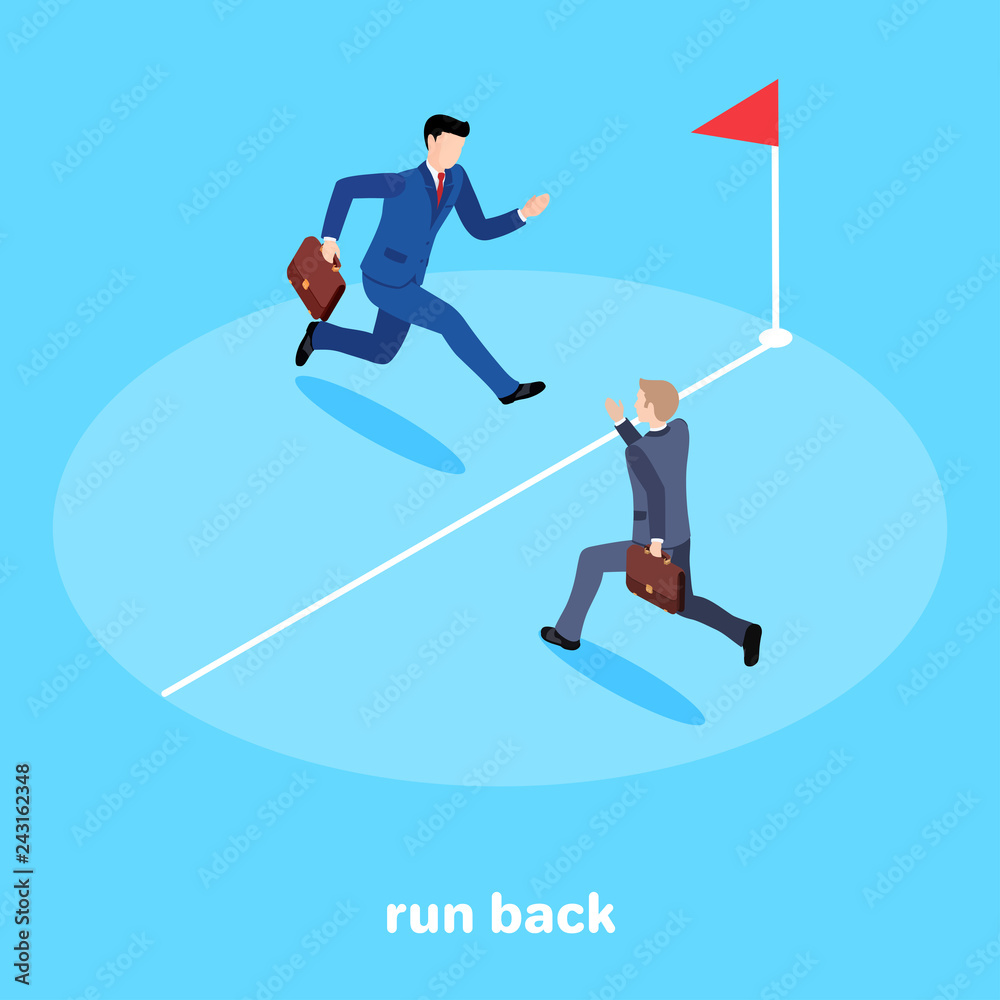 isometric image on a blue background, men in business suits run to the white line on which there is a red flag