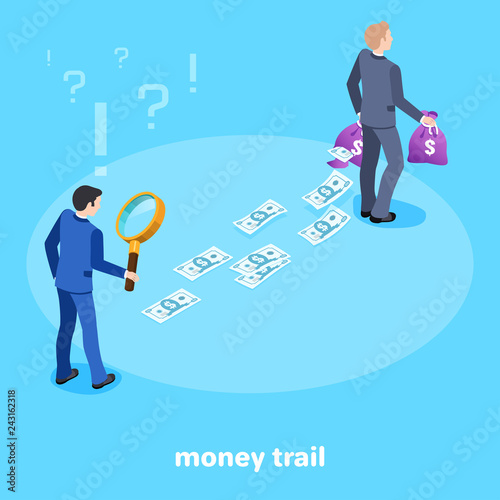 isometric image on a blue background, a man in a business suit with a magnifying glass is following the trail of money