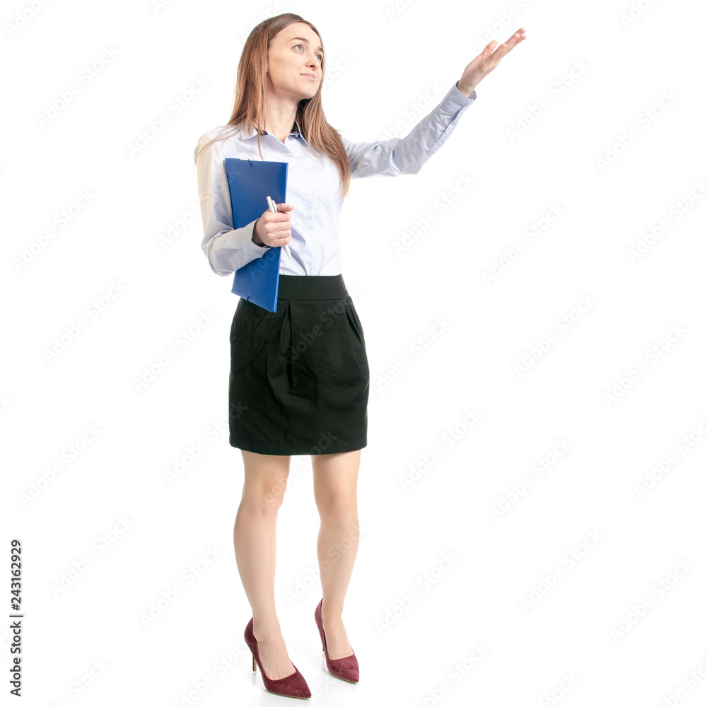 Business woman manager with folder showing on white background isolation, back view Business woman manager with folder showing on white background isolation, back view