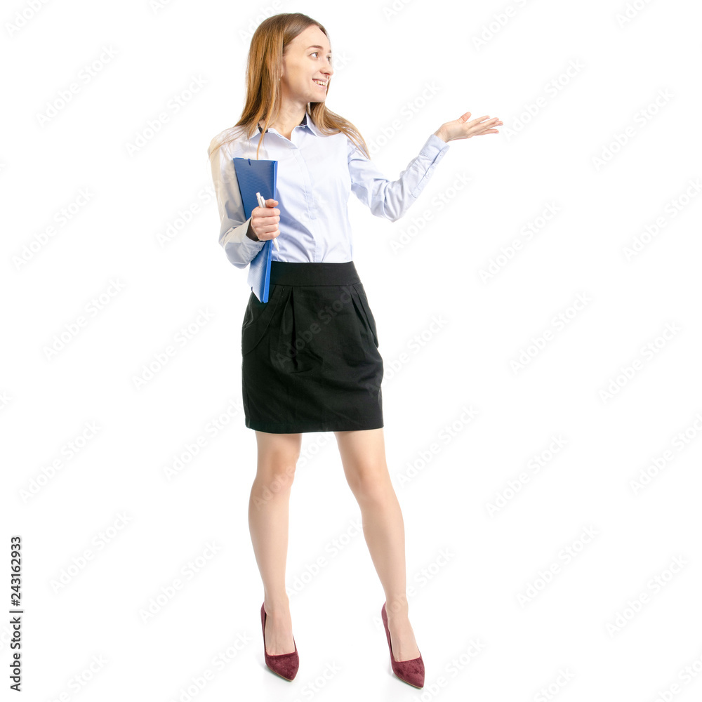 Business woman manager with folder showing on white background isolation, back view Business woman manager with folder showing on white background isolation, back view