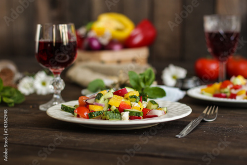 salad fresh vegetables (tomato, cucumber, radish, pepper, arugula and other vegetables). copy space. top