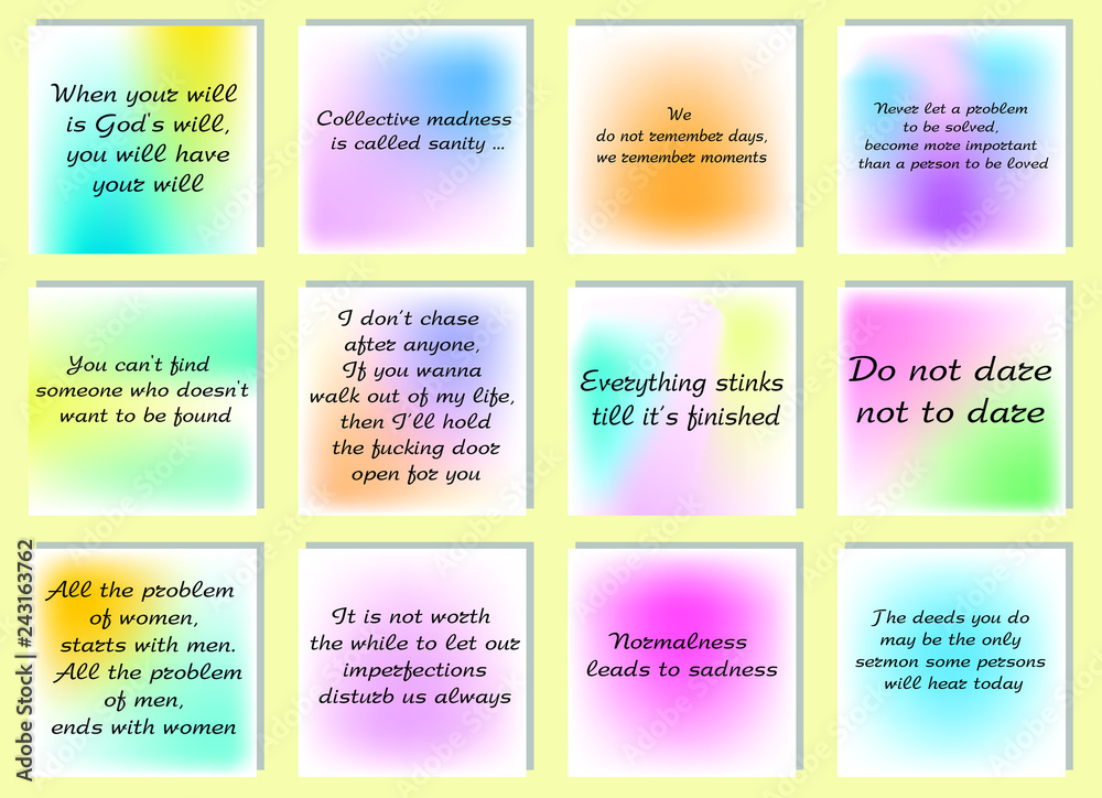 Set of 12 vector Motivation Inspiration Quotes. Ready to post in social media, brochure, magazine. 