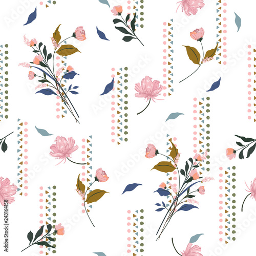 Beautiful and gental blowing garden flowers on sweet tone with hand drawn geometric vertical stripe seamless pattern vector for fashion,fabric and all prints