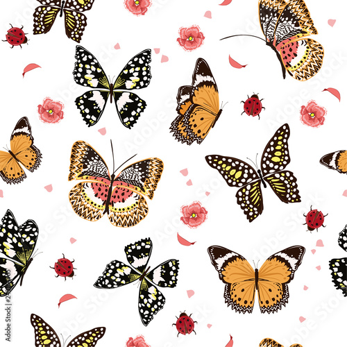 Garden butterflies flying in the garden ,lady bug,insect seamless pattern vector scattered repeat for fashion ,fabric ,wallpaper