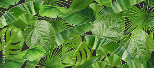 Jungle foliage seamless pattern, 3d vector realistic background