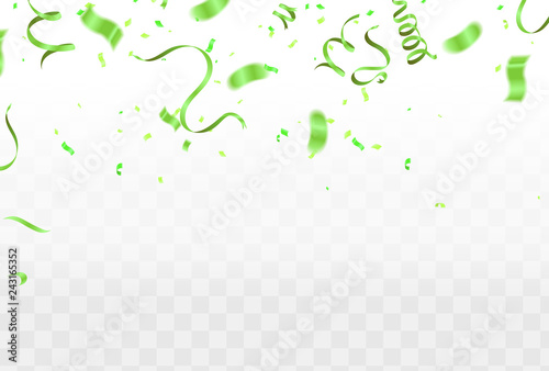 Falling shiny green confetti isolated on transparent background