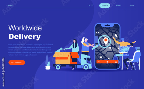 Modern flat design concept of Worldwide Delivery for website and mobile website development. Landing page template. Warehouse, truck, forklift, courier, drone and delivery man. Vector illustration.