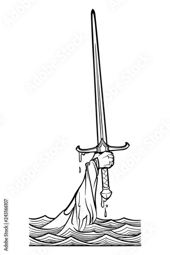Hand holding a sword emerges from the water. Iconic scene from the Medieval European stories about King Arthur. Outline vector illustration isolated on white background. EPS10 vector illustration