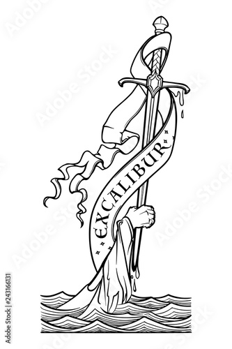 Hand holding a sword emerges from the water. Iconic scene from the Medieval European stories about King Arthur. Outline vector illustration isolated on white background. EPS10 vector illustration