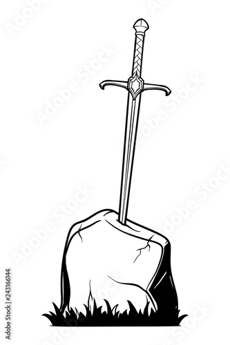 Excalibur Sword trapped in stone. Iconic scene from the Medieval European stories about King Arthur. Outline vector illustration isolated on white background. EPS10 vector