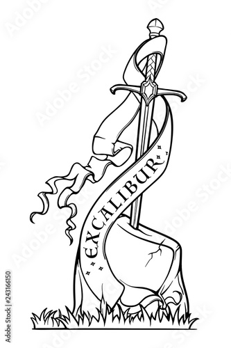 Excalibur Sword trapped in stone. Decorative banner. Iconic scene from the Medieval European stories about King Arthur. Outline vector illustration isolated on white background. EPS10 vector