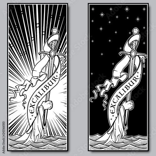 Hand holding a sword emerges from the water. Iconic scene from the Medieval European stories about King Arthur. Set of two engraving style pictures . EPS10 vector illustration