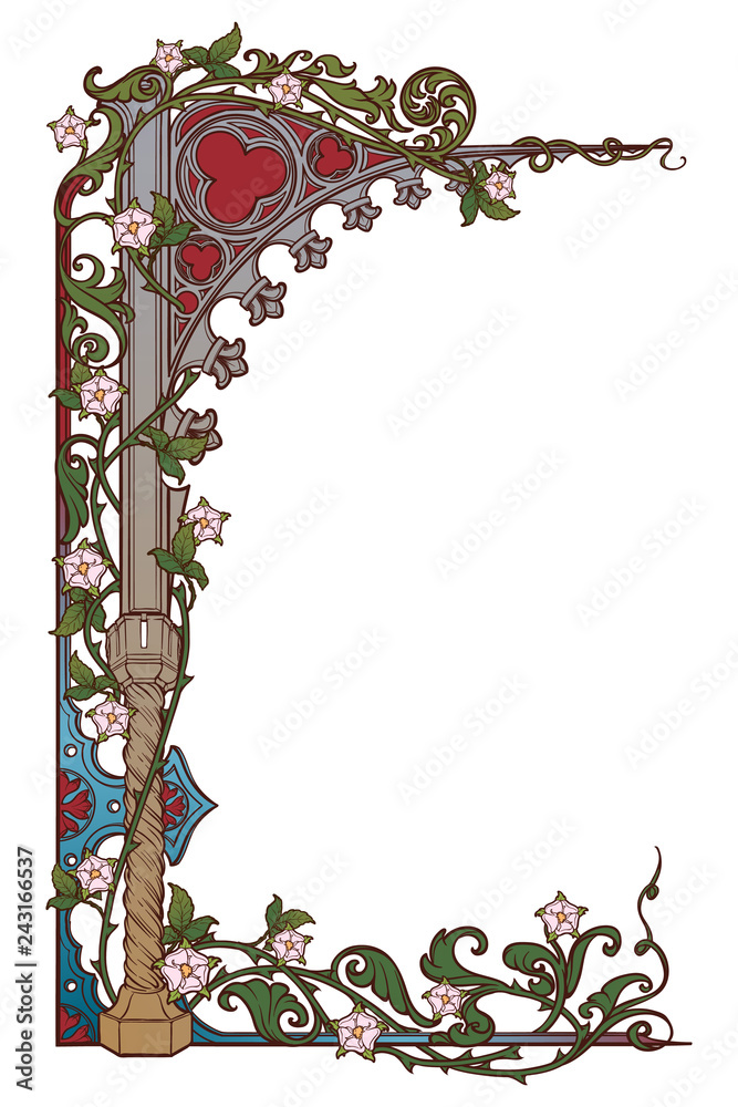 Medieval manuscript style rectangular frame. Gothic style pointed arch braided with a rose garlands. Vertical orientation. EPS10 vector illustration - obrazy, fototapety, plakaty 