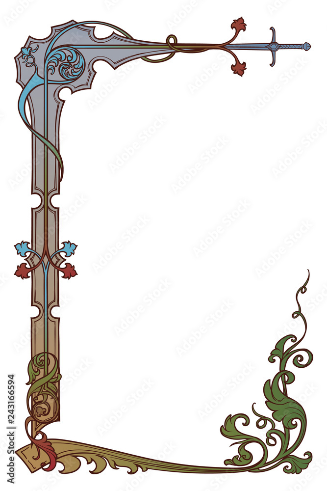 Medieval manuscript style rectangular frame. Vertical orientation. EPS10 vector illustration