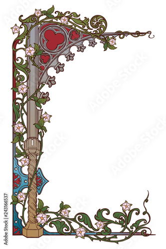 Medieval manuscript style rectangular frame. Gothic style pointed arch braided with a rose garlands. Vertical orientation. EPS10 vector illustration