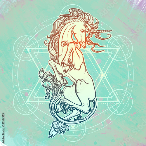 Unicorn laying on his back. Sacred geometrical shapes on a background. Mystic concept art for tattoo, logo. linear Drawing isolated on a textured watercolor background. EPS10 vector illustration.