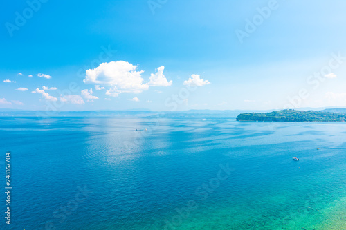 Aerial view of Adriatic sea ner the Piran city, Slovenia. Look from high tower to sea and land of Italy. Blue water and sky, beautiful summer weather. © Martin