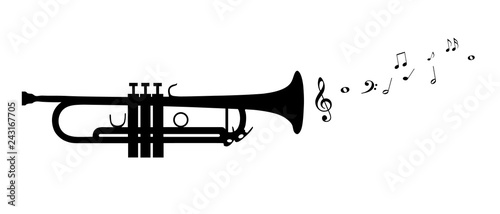 Trumpet Silhouette With Flying Notes - Black Vector Illustration - Isolated On White Background