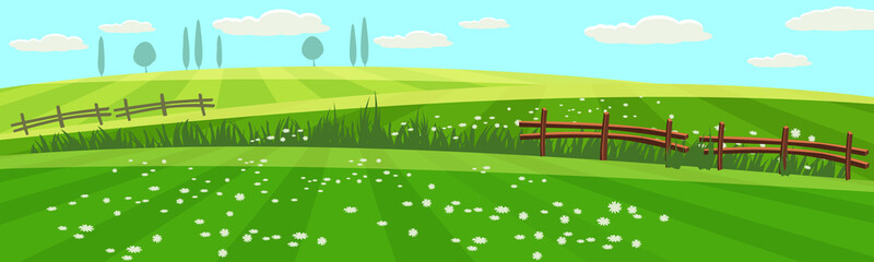 Keuken achterwand Boerderij Lente boerderij landschap met bloemen cartoon  © hadeev