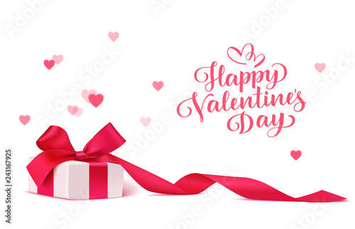 Happy Valentine's Day design template. Decorative gift box with red bow and long ribbon isolated on white background with blur hearts. Vector illustration. Holiday decoration