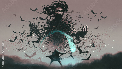 fight scene of the man with magic wizard staff and the devil of crows, digital art style, illustration painting