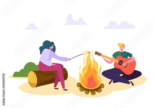 People Outdoor Camping Forest Nature at Fire. Man Play Guitar, Woman Roast Marshmallow Over Fireplace. Family Park Weekend Adventure Hiking. Couple Character Vacation Flat Cartoon Vector Illustration