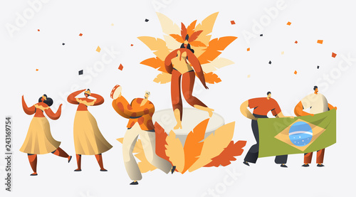 Brazil Carnival Samba Dancer Character Party. Man Woman Dance at Brazilian Latin Holiday Exotic Festival. Vivid Beautiful Multicolor Parade Flat Cartoon Vector Illustration