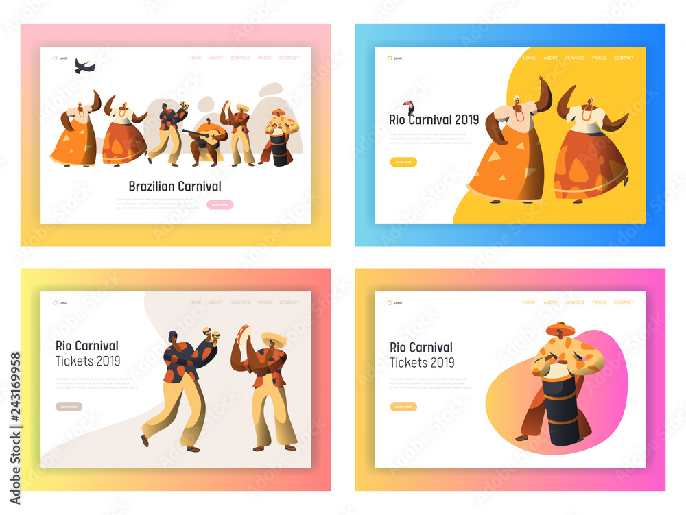 Fototapeta premium Brazil Carnival Dancer Landing Page Set. Latino Woman Character Dance in Exotic Feather Bikini Costume at Rio de Janeiro Festival Celebration for Website or Web Page Flat Cartoon Vector Illustration