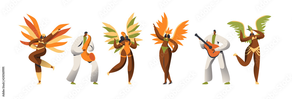 Brazilian Carnival Dancer Character Set. Woman Dance in Exotic Feather Costume at Rio de Janeiro Happy Holiday Celebration. Man Play Guitar. Latino People Parade Flat Cartoon Vector Illustration