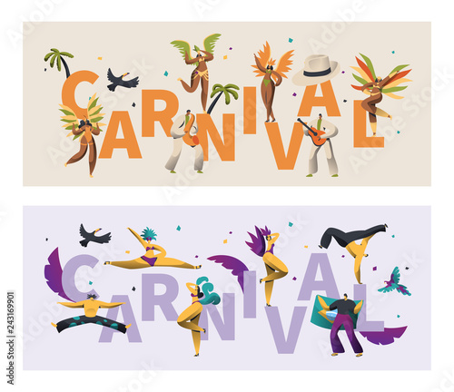 Brazil Feather Costume Carnival Typography Banner Set. Wing Bikini Woman Dance Latino Parade. Man Play Tropical Music for Rio Festival Poster Print Design Flat Cartoon Vector Illustration