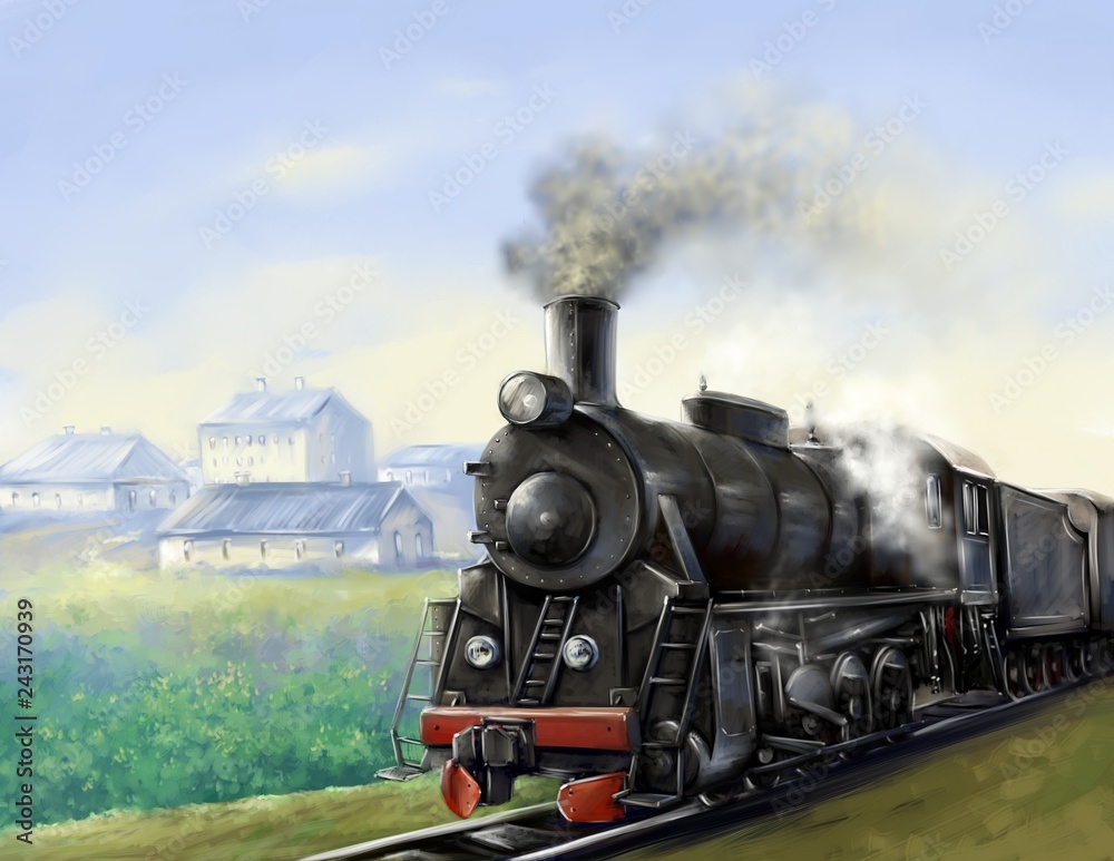 The old steam locomotive is driving. Digital paintings landscape. Fine art.