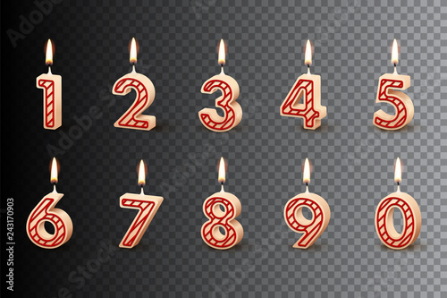 Birthday candles with burning flames isolated on dark transparent background. Vector design elements.