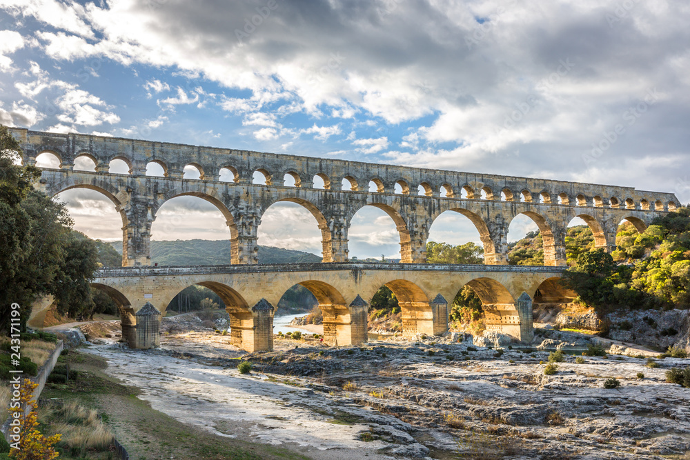 The Pont du Gard Unesco Heritage site in France in a late afternoon light in France