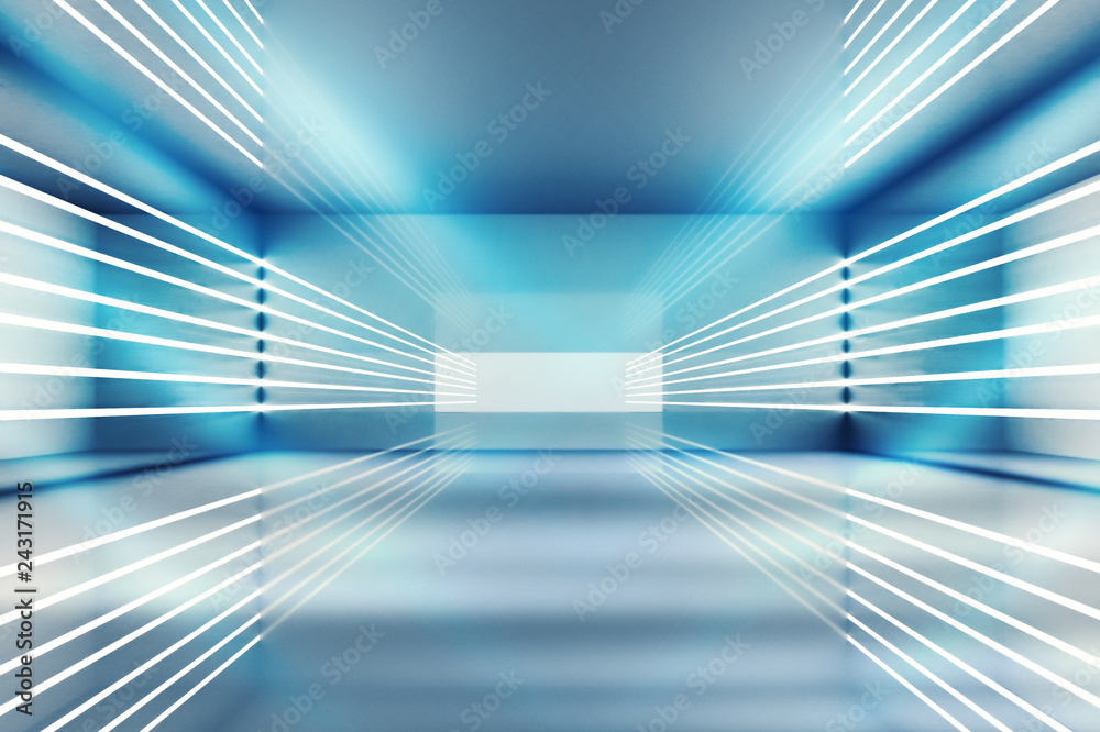 Background of empty dark room with rays of light. Concrete floor with light reflection. Smoke, neon blue light Background of empty dark room with rays of light. Concrete floor with light reflection. Smoke, neon blue light