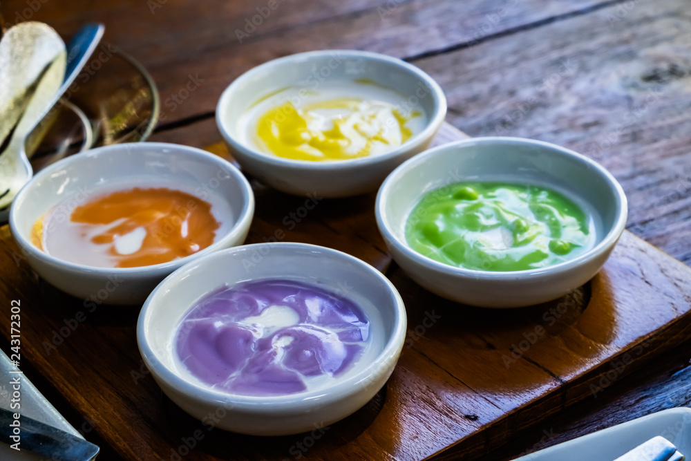 4 Thai style custard dip in the white dish 4 Thai style custard dip in the white dish
