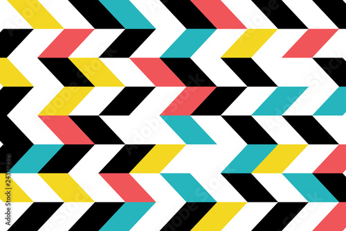 Abstract background pattern made with parallelogram shapes in blue, yellow, red and black colors. Modern, playful vector art.