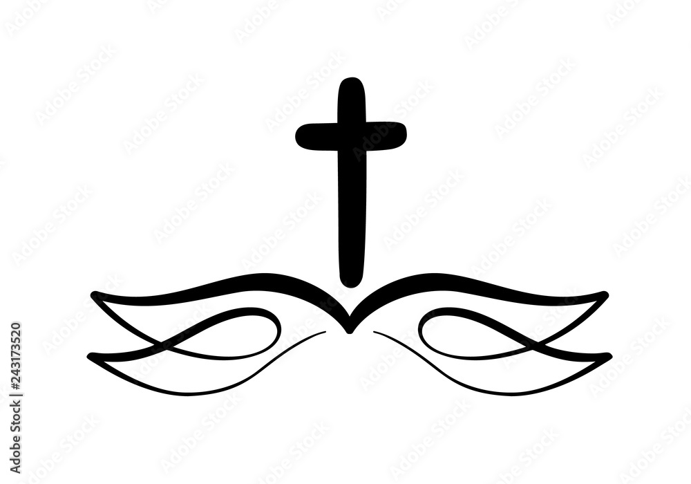 Vector illustration of Christian Logo. Emblem with Cross and Holy Bible. Religious community. Design element for poster, logo, badge, sign
