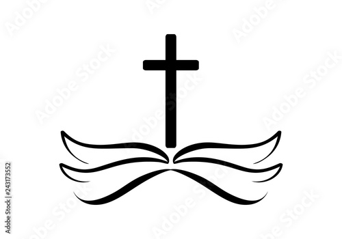 Vector illustration of Christian Logo. Emblem with Cross and Holy Bible. Religious community. Design element for poster, logo, badge, sign