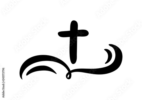 Vector illustration of Christian Logo. Emblem with Cross and Holy Bible. Religious community. Design element for poster, logo, badge, sign