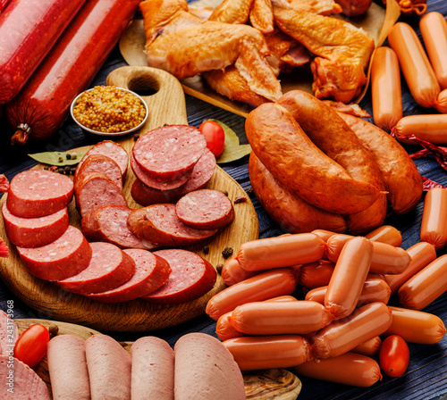 Sausage assortment. Assorted meat products, including smoked sausages and salami.
