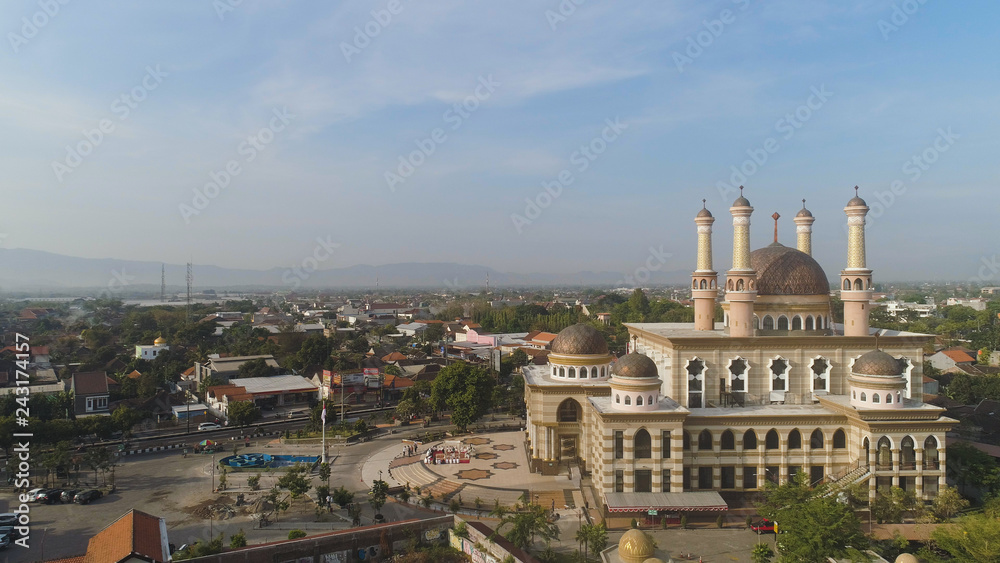 beautiful mosque with minarets on island Java Indonesia. aerial view mosque in an asian city