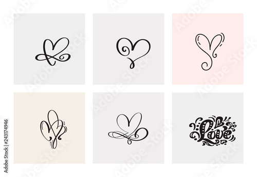Set of six vintage Vector Valentines Day Hand Drawn Calligraphic Hearts. Calligraphy lettering illustration. Holiday Design valentine. Icon love decor for web, wedding and print. Isolated