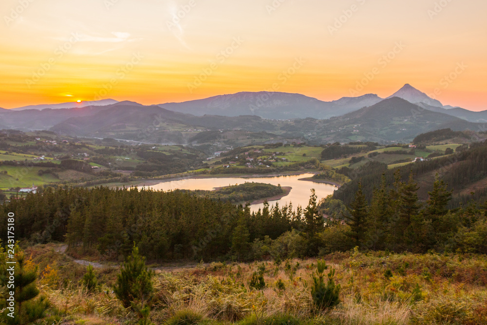 Fototapeta premium Urkulu reservoir and its rural area, in Aretxabaleta, Basque Country.