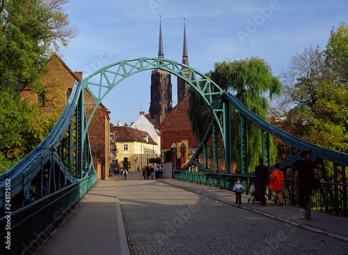 Wroclaw, Poland - October, 2006: Ostrow island (Ostrow Tumski), Tumski bridge and Cathedral of St. Joh