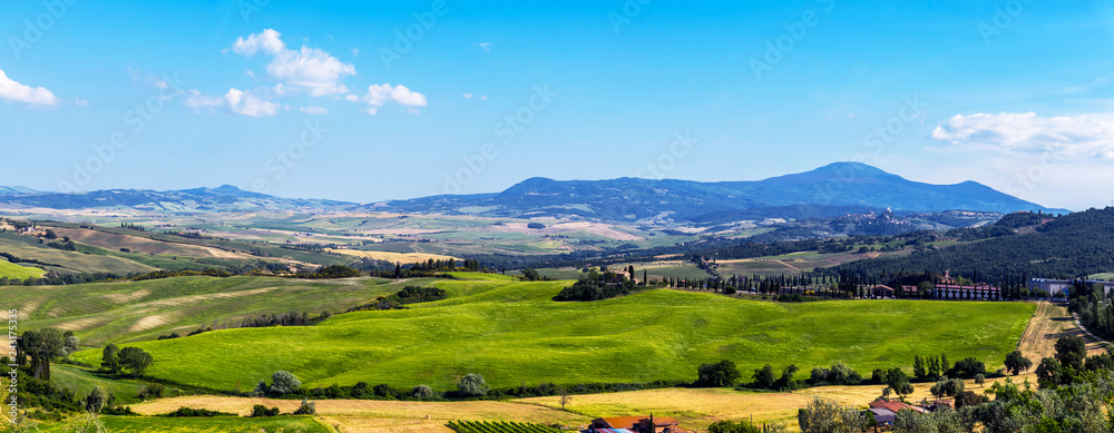 Magical beautiful landscape with hills against cloudy sky in Tuscany, Italy. Wonderful places. Panorama