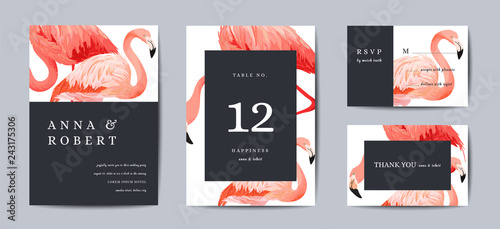 Wedding Invitation Card Template Set. Tropical Flamingo Birds Save the Date or Congratulation Cards. Wedding Invite, Table Number Design Background. Vector illustration