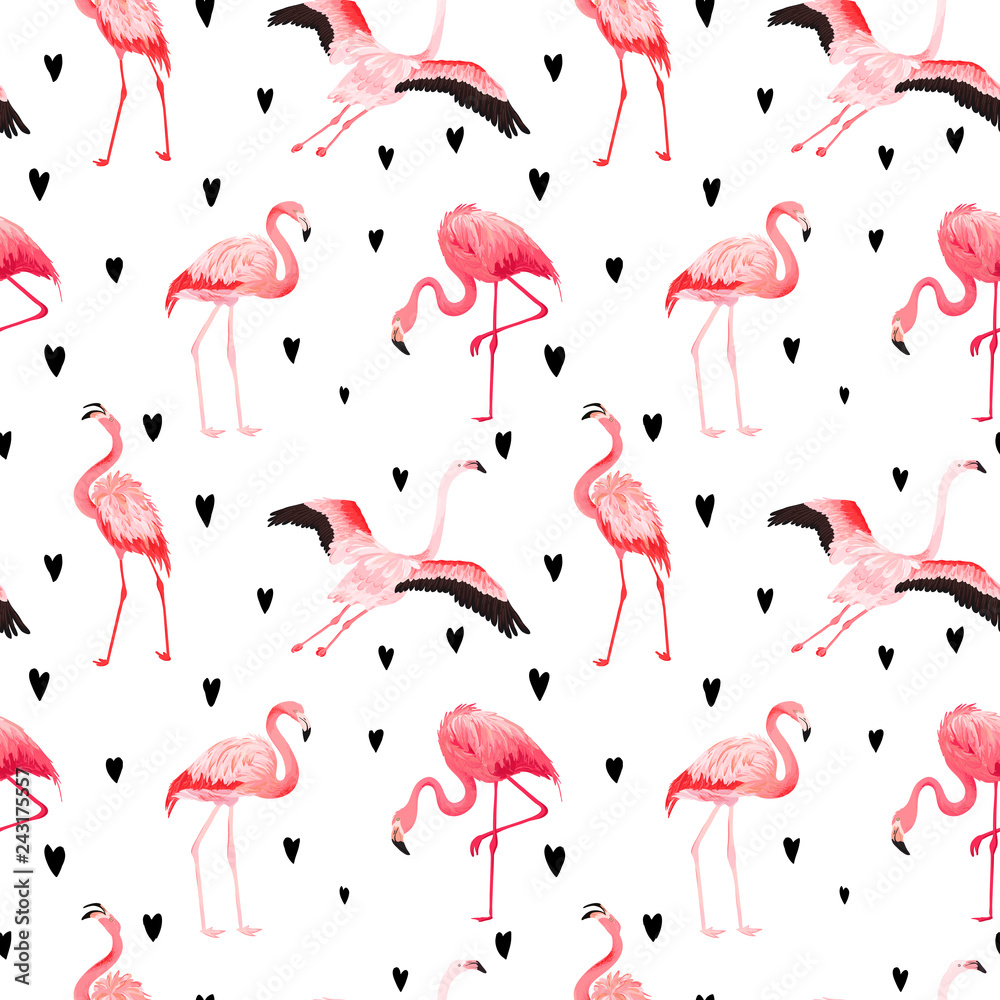 Fototapeta premium Tropical Flamingo seamless vector summer pattern with hearts. Exotic Pink Bird background for wallpapers, web page, texture, textile. Animal Wildlife Design