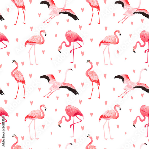 Tropical Flamingo seamless vector summer pattern with hearts. Exotic Pink Bird background for wallpapers, web page, texture, textile. Animal Wildlife Design © wooster